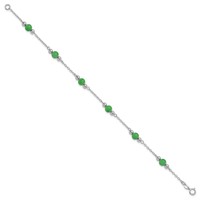 Sterling Silver Rhodium-plated Polished Green Jade Anklet, 9" view 2