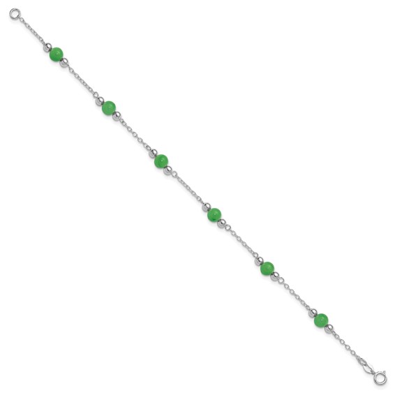Sterling Silver Rhodium-plated 9inch Polished Green Jade Anklet