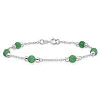 Sterling Silver Rhodium-plated Polished Green Jade Anklet, 9" view 3