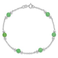 Sterling Silver Rhodium-plated Polished Green Jade Anklet, 9" view 5