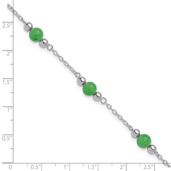Sterling Silver Rhodium-plated 9inch Polished Green Jade Anklet