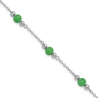 Sterling Silver Rhodium-plated Polished Green Jade Anklet, 9" view 1