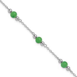 Sterling Silver Rhodium-plated 9inch Polished Green Jade Anklet