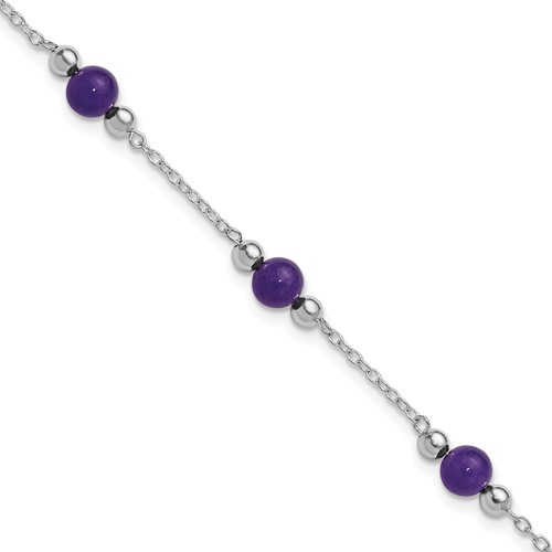 Sterling Silver Rhodium-plated Polished Lavender Jade Anklet - 9in