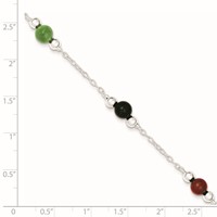 Sterling Silver Rhodium-plated Polished Multi-Color Jade Anklet, 9" view 2