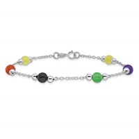 Sterling Silver Rhodium-plated Polished Multi-Color Jade Anklet, 9" view 4