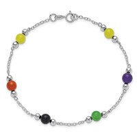 Sterling Silver Rhodium-plated Polished Multi-Color Jade Anklet, 9" view 5