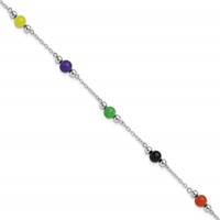 Sterling Silver Rhodium-plated Polished Multi-Color Jade Anklet, 9" view 1
