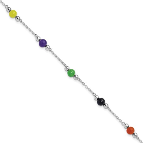 Sterling Silver Rhodium-plated Polished Multi-Color Jade Anklet, 9"