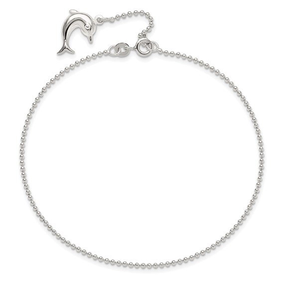 Sterling Silver Dolphin Dangle 9 inch Plus 1 inch Extender - Total 10 inch Anklet