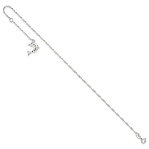 Sterling Silver Dolphin Dangle 9 inch Plus 1 inch Extender - Total 10 inch Anklet