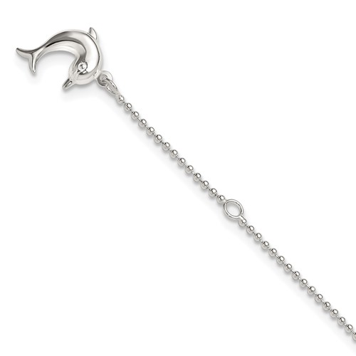 Sterling Silver Dolphin Dangle Plus 1 Inch Extender - Total 10 Inch Anklet, 9"