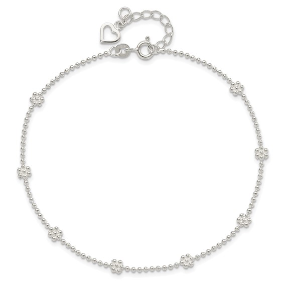 Sterling Silver Flowers 8-Station 9 inch Plus 1 inch Extender - Total 10 inch Anklet