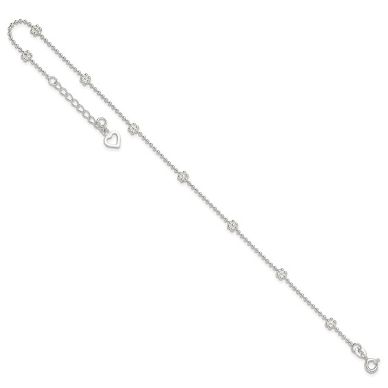Sterling Silver Flowers 8-Station 9 inch Plus 1 inch Extender - Total 10 inch Anklet