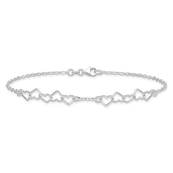 Sterling Silver 9inch Polished Fancy Heart Link Anklet
