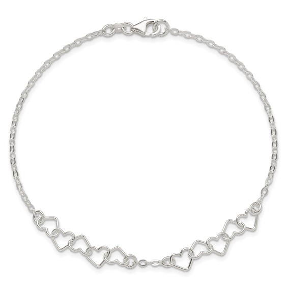 Sterling Silver 9inch Polished Fancy Heart Link Anklet