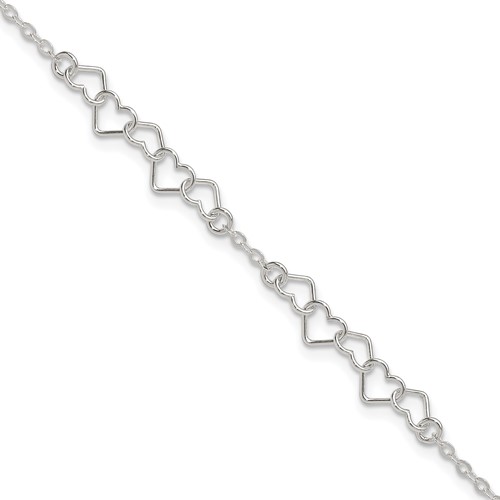 Sterling Silver 10inch Polished Fancy Heart Link Anklet