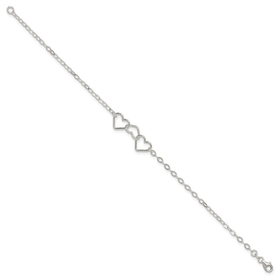 Sterling Silver 9inch Solid Polished Fancy Heart Link Anklet