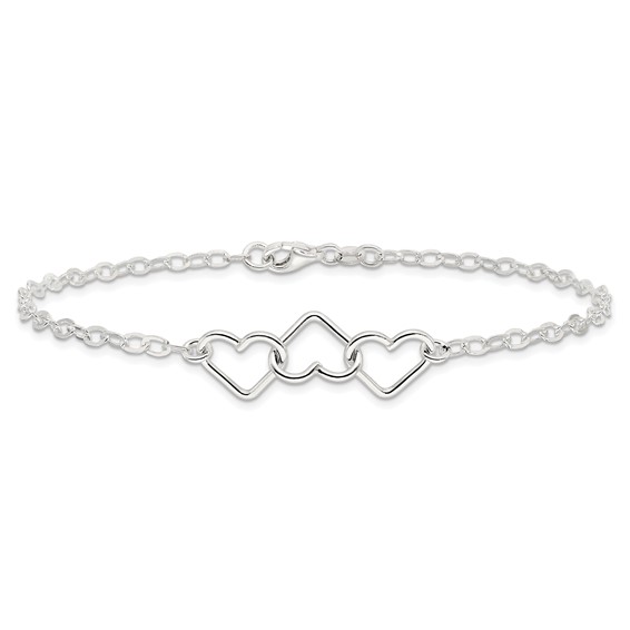 Sterling Silver 9inch Solid Polished Fancy Heart Link Anklet