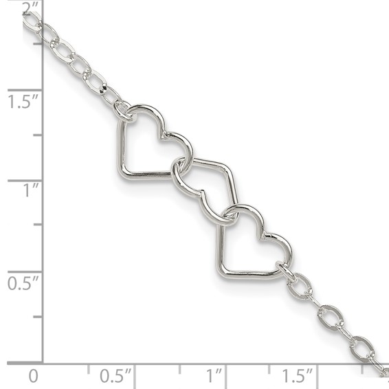 Sterling Silver 9inch Solid Polished Fancy Heart Link Anklet