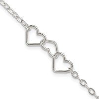 Sterling Silver Solid Polished Fancy Heart Link Anklet, 9" view 1