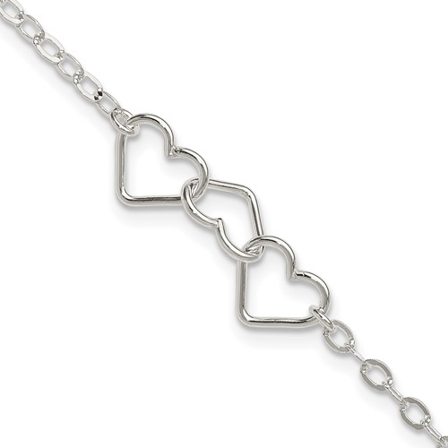Sterling Silver Solid Polished Fancy Heart Link Anklet, 9"