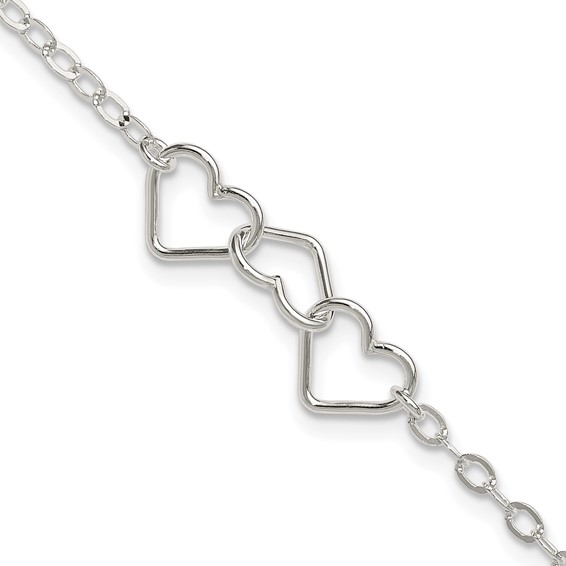Sterling Silver 9inch Solid Polished Fancy Heart Link Anklet
