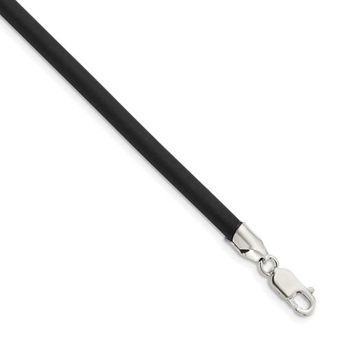Sterling Silver 4mm Black Rubber Cord Necklace, 16"
