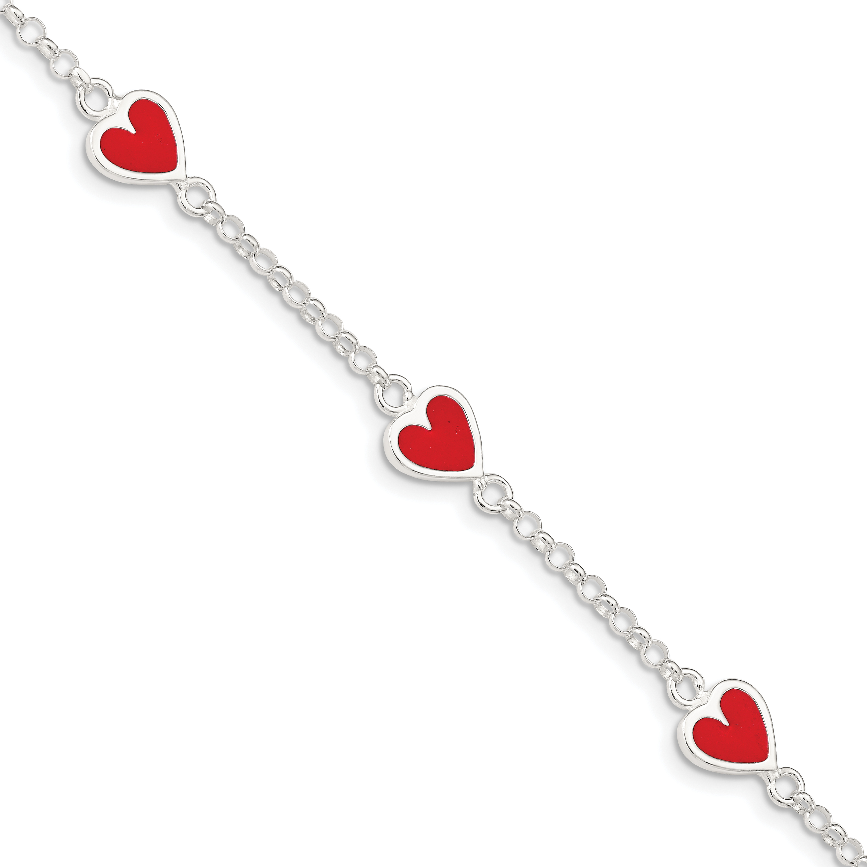 Sterling Silver Polished & Red Enamel Heart w/ 1in ext Children's Bracelet (QG1326-6)