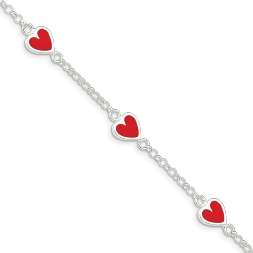 Sterling Silver Polished & Red Enamel Heart Bracelet with Ext Children's, 1"