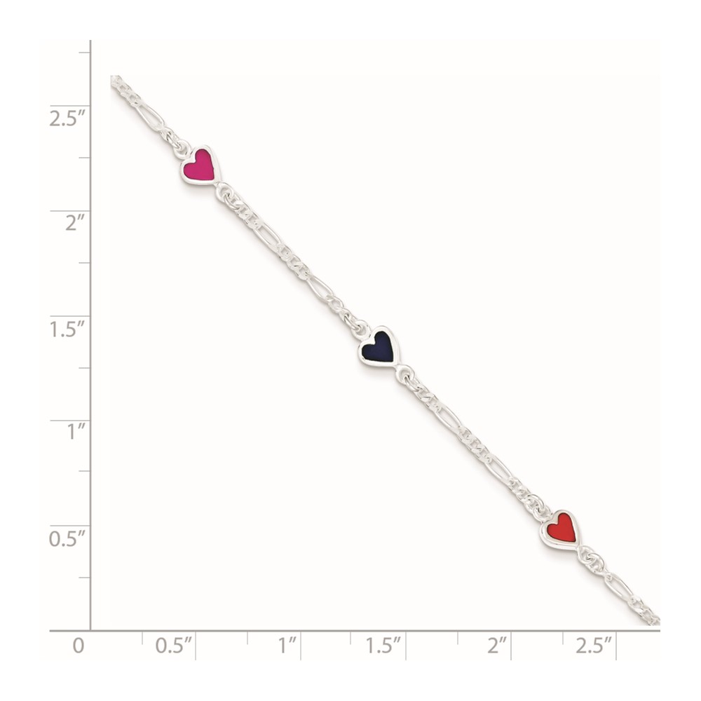 Sterling Silver Polished & Multi-color Enameled Hearts with 1 Inch Extension Children's Bracelet (QG1327-6)