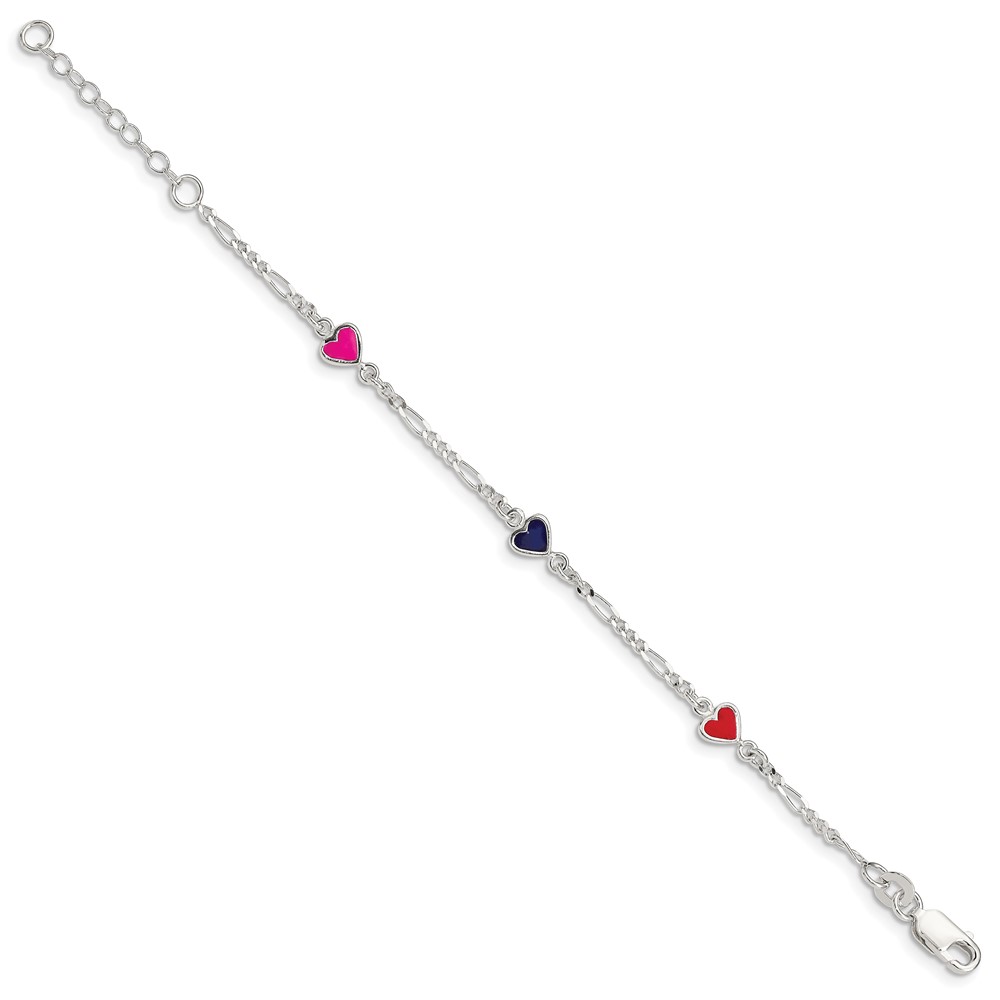 Sterling Silver Polished & Multi-color Enameled Hearts with 1 Inch Extension Children's Bracelet (QG1327-6)