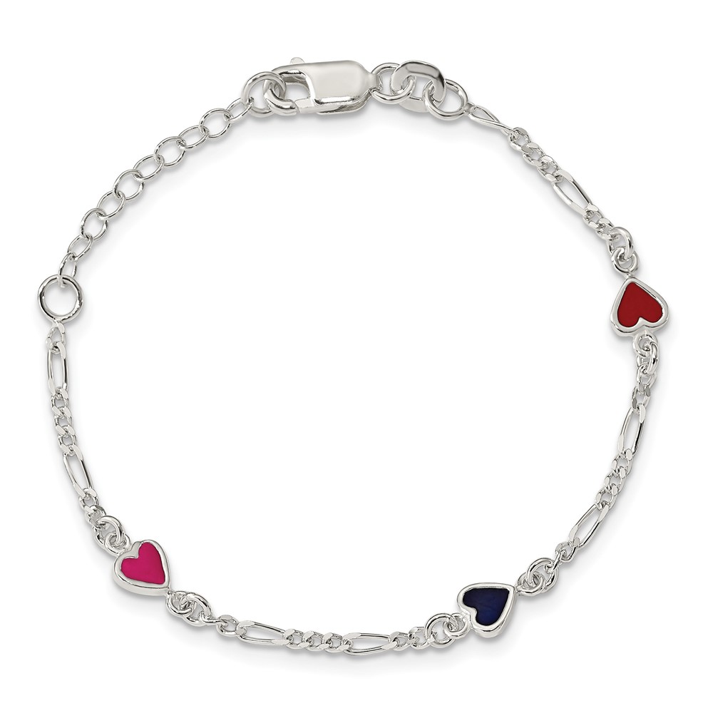 Sterling Silver Polished & Multi-color Enameled Hearts with 1 Inch Extension Children's Bracelet (QG1327-6)