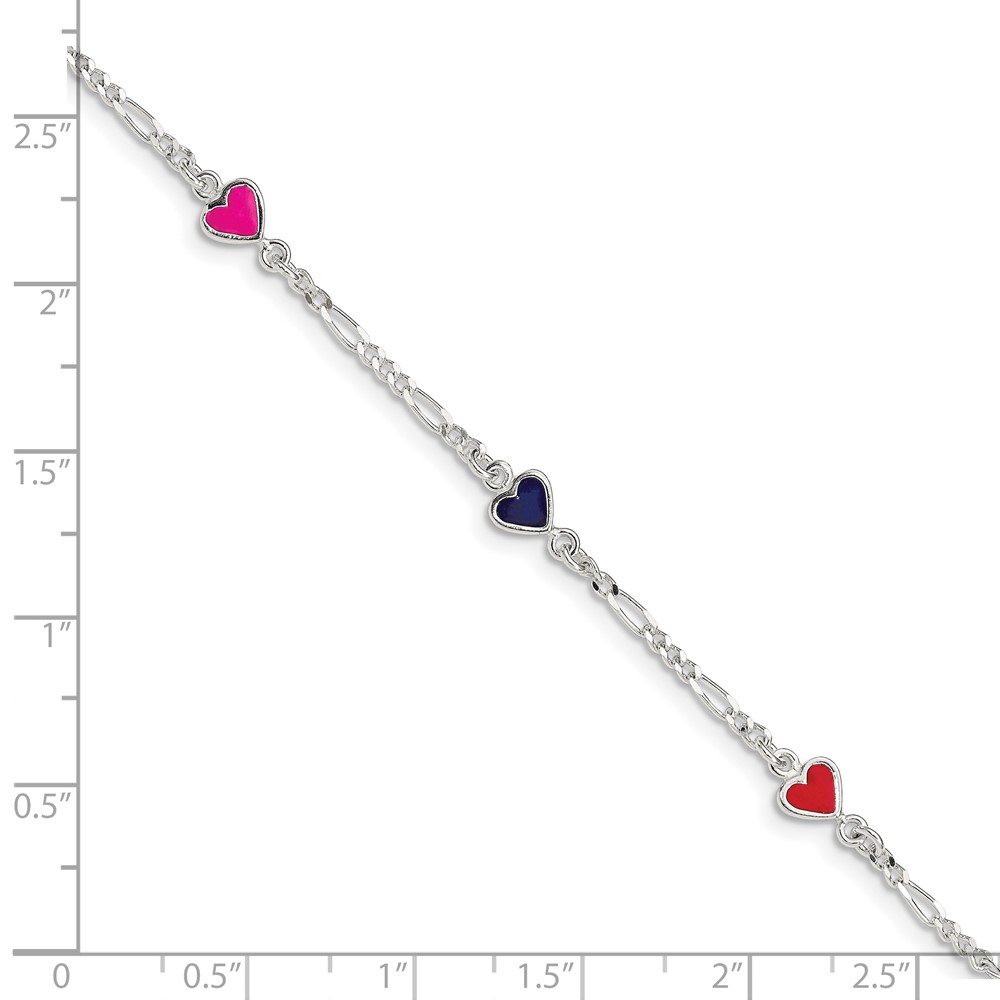 Sterling Silver Polished & Multi-color Enameled Hearts with 1 Inch Extension Children's Bracelet (QG1327-6)