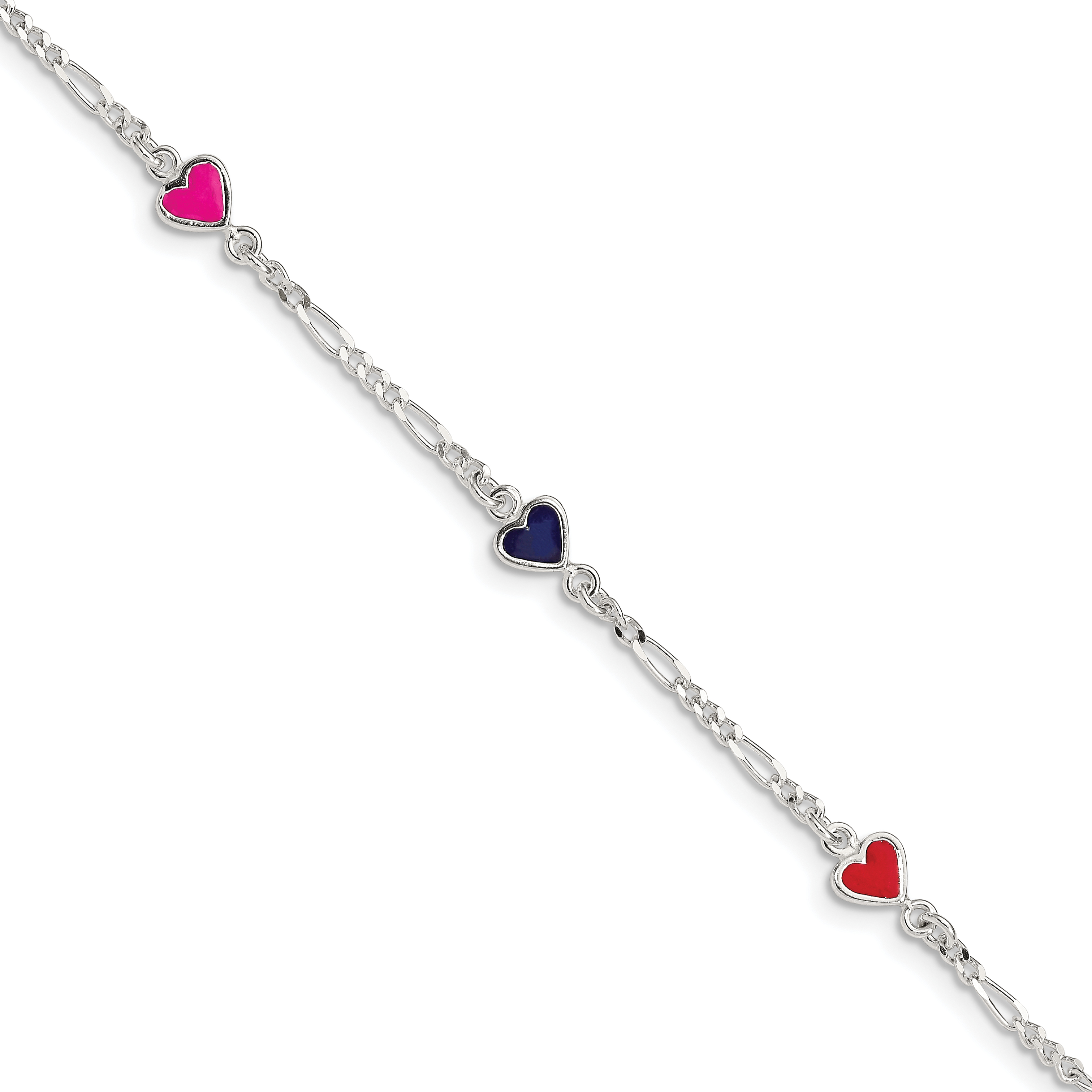 Sterling Silver Polished & Multi-color Enameled Hearts with 1 Inch Extension Children's Bracelet (QG1327-6)