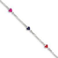 Sterling Silver Polished & Multi-color Enameled Hearts Bracelet with Extension Children's, 1" view 1