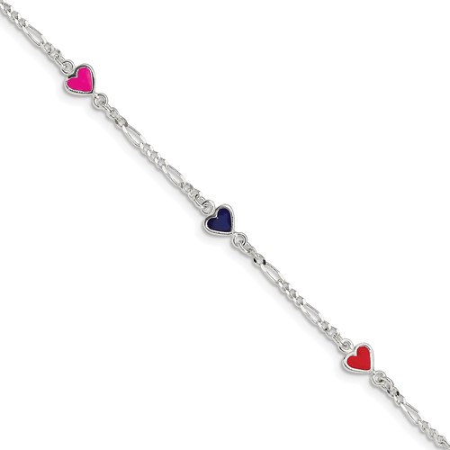 Sterling Silver Polished & Multi-color Enameled Hearts Bracelet with Extension Children's, 1"