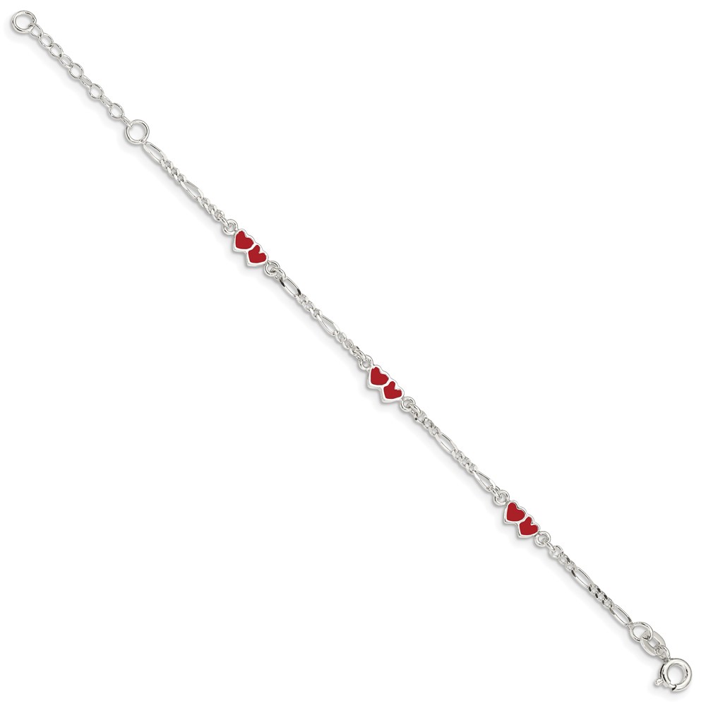 Sterling Silver Polished & Red Enameled Double Heart with 1 Inch Extension Children's Bracelet (QG1328-6)