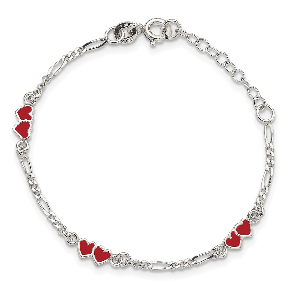 Sterling Silver Polished & Red Enameled Double Heart with 1 Inch Extension Children's Bracelet (QG1328-6)