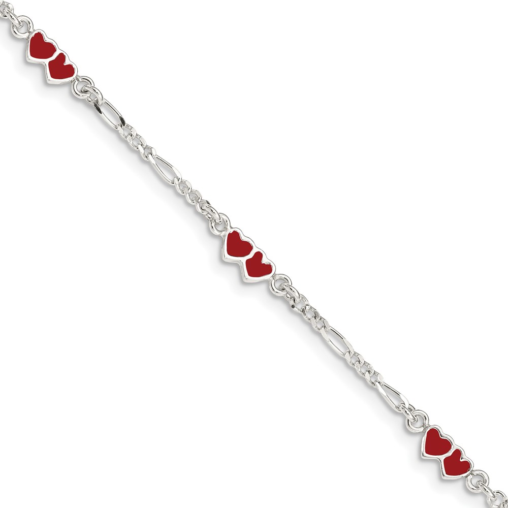 Sterling Silver Polished & Red Enameled Double Heart with 1 Inch Extension Children's Bracelet (QG1328-6)