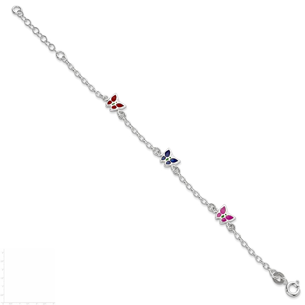Sterling Silver Multi-color Enamel Butterfly w/ 1in ext. Children's Bracele (QG1332-6)