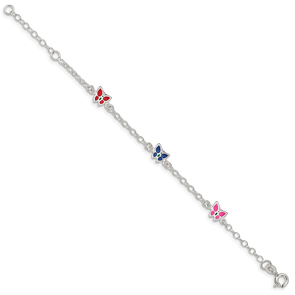 Sterling Silver Multi-color Enamel Butterfly w/ 1in ext. Children's Bracele (QG1332-6)