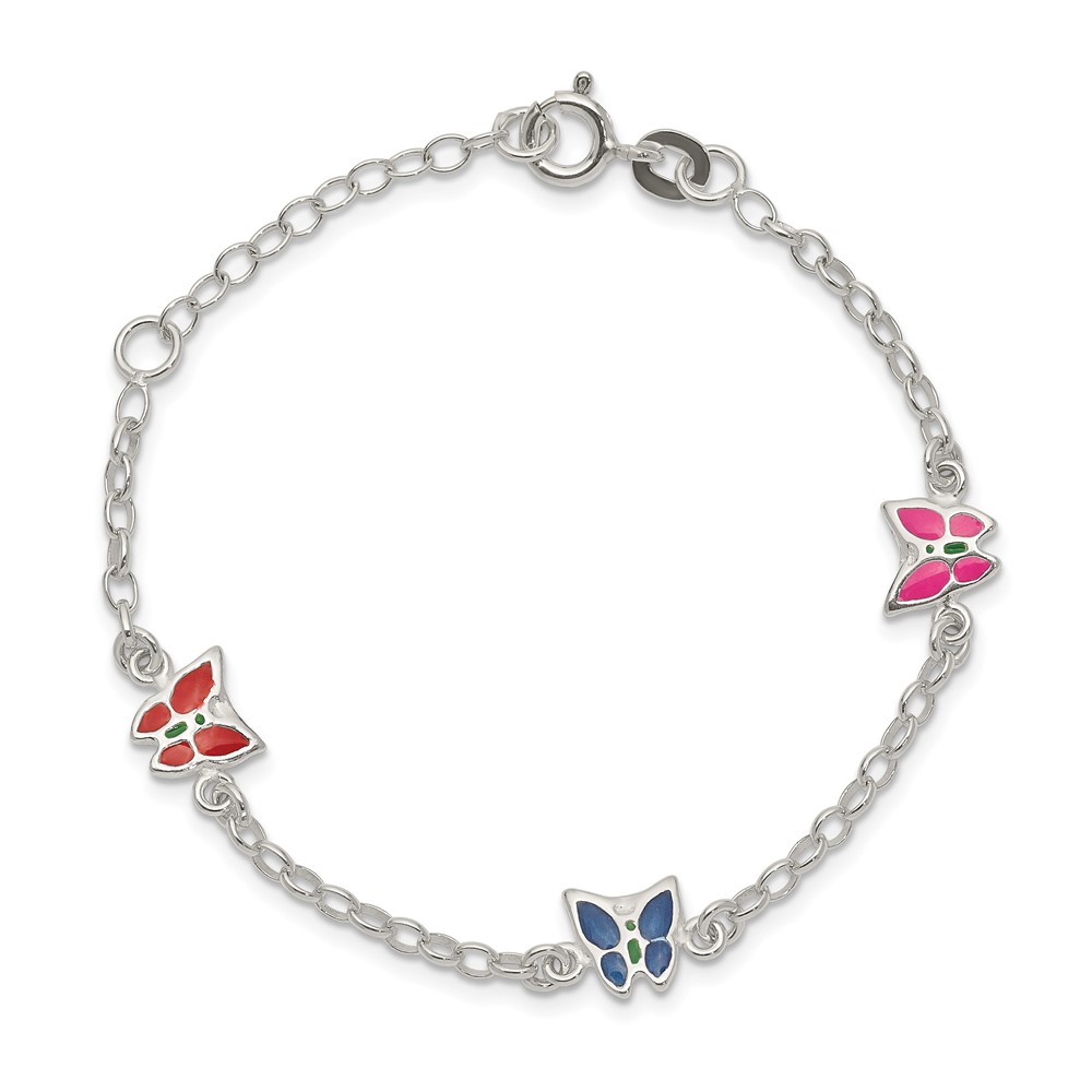 Sterling Silver Multi-color Enamel Butterfly w/ 1in ext. Children's Bracele (QG1332-6)