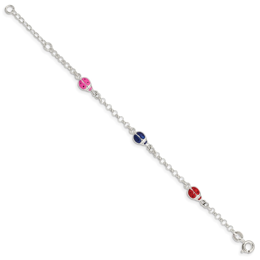 Sterling Silver Multi-color Enamel Ladybugs w/ 1in ext. Children's Bracelet (QG1333-6)