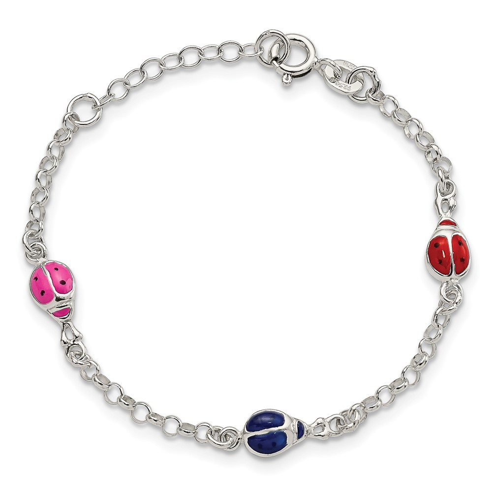 Sterling Silver Multi-color Enamel Ladybugs w/ 1in ext. Children's Bracelet (QG1333-6)