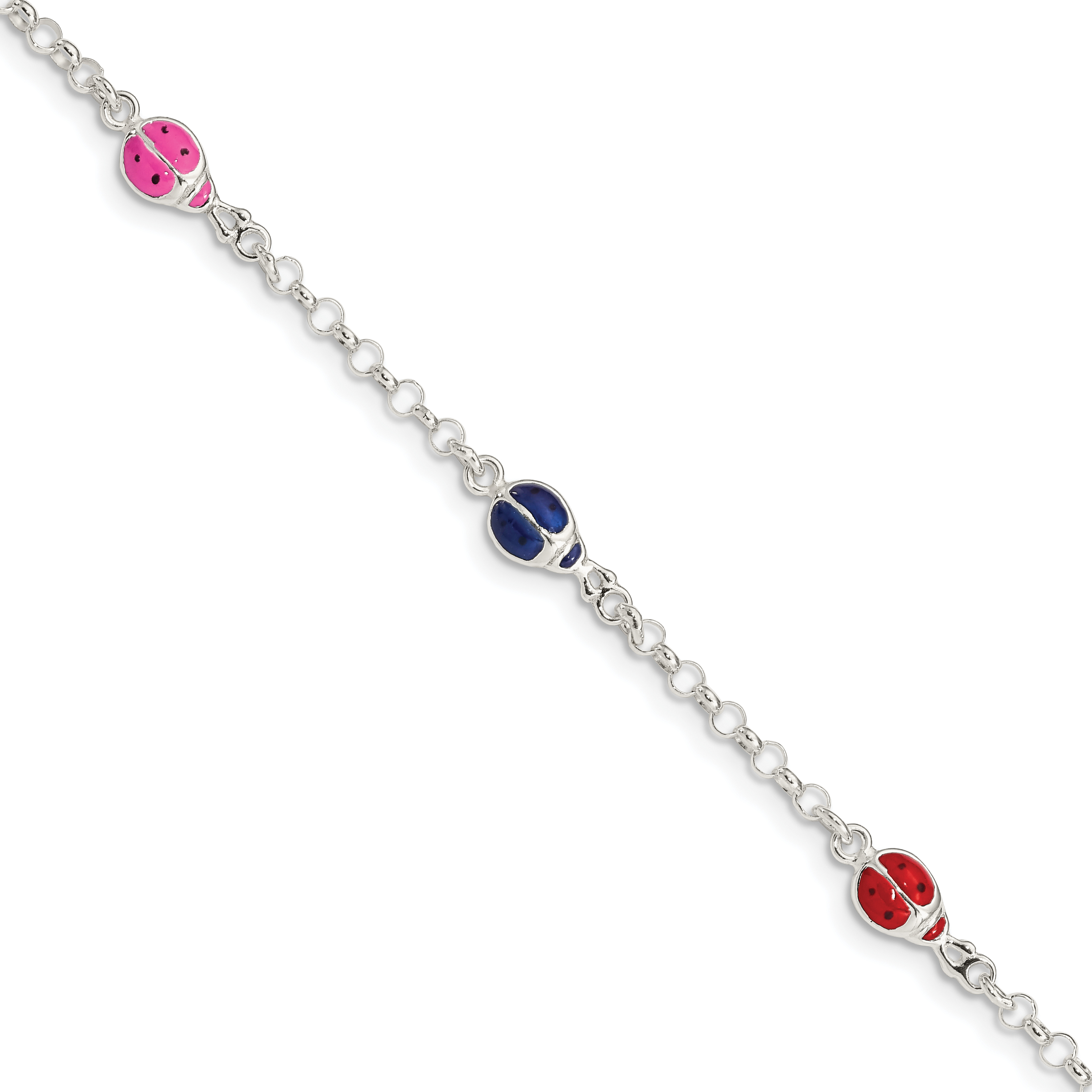 Sterling Silver Multi-color Enamel Ladybugs w/ 1in ext. Children's Bracelet (QG1333-6)
