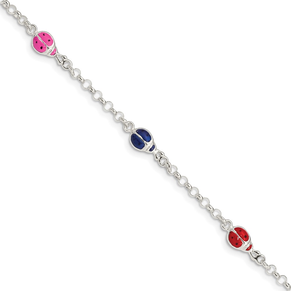 Sterling Silver Multi-color Enamel Ladybugs w/ 1in ext. Children's Bracelet (QG1333-6)
