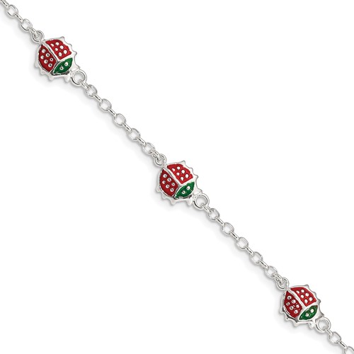 Sterling Silver Multi-color Enamel Ladybugs Bracelet with Ext. Children's, 1"