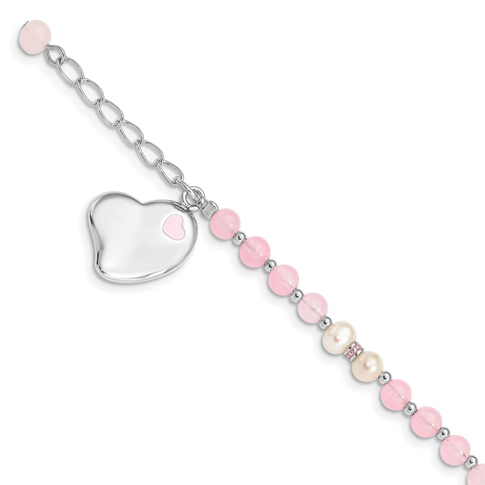 Sterling Silver Rhod-plated FWCP/Rose Quartz 6in Plus 1inext Heart Bracelet