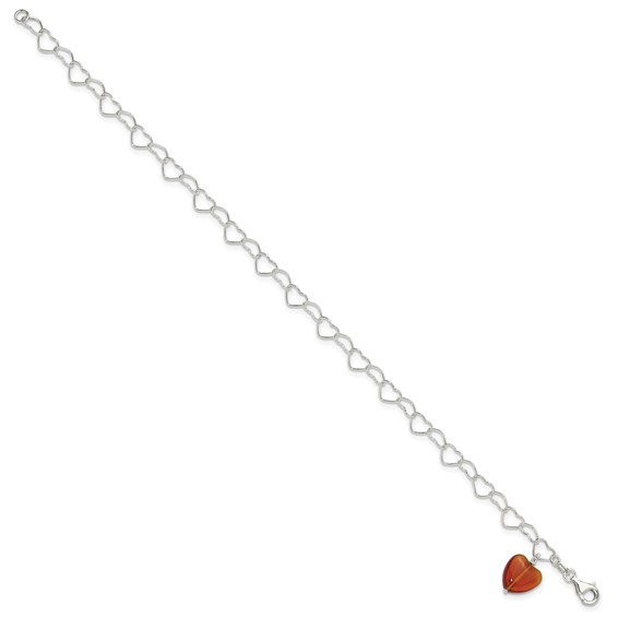 Sterling Silver Link Red Synthetic Crystal Stone Heart Anklet